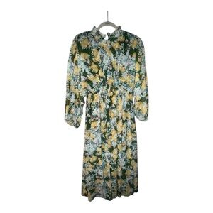 JODIFL Green and Yellow Floral Midi Dress with Waist Tie - worn once for an hour